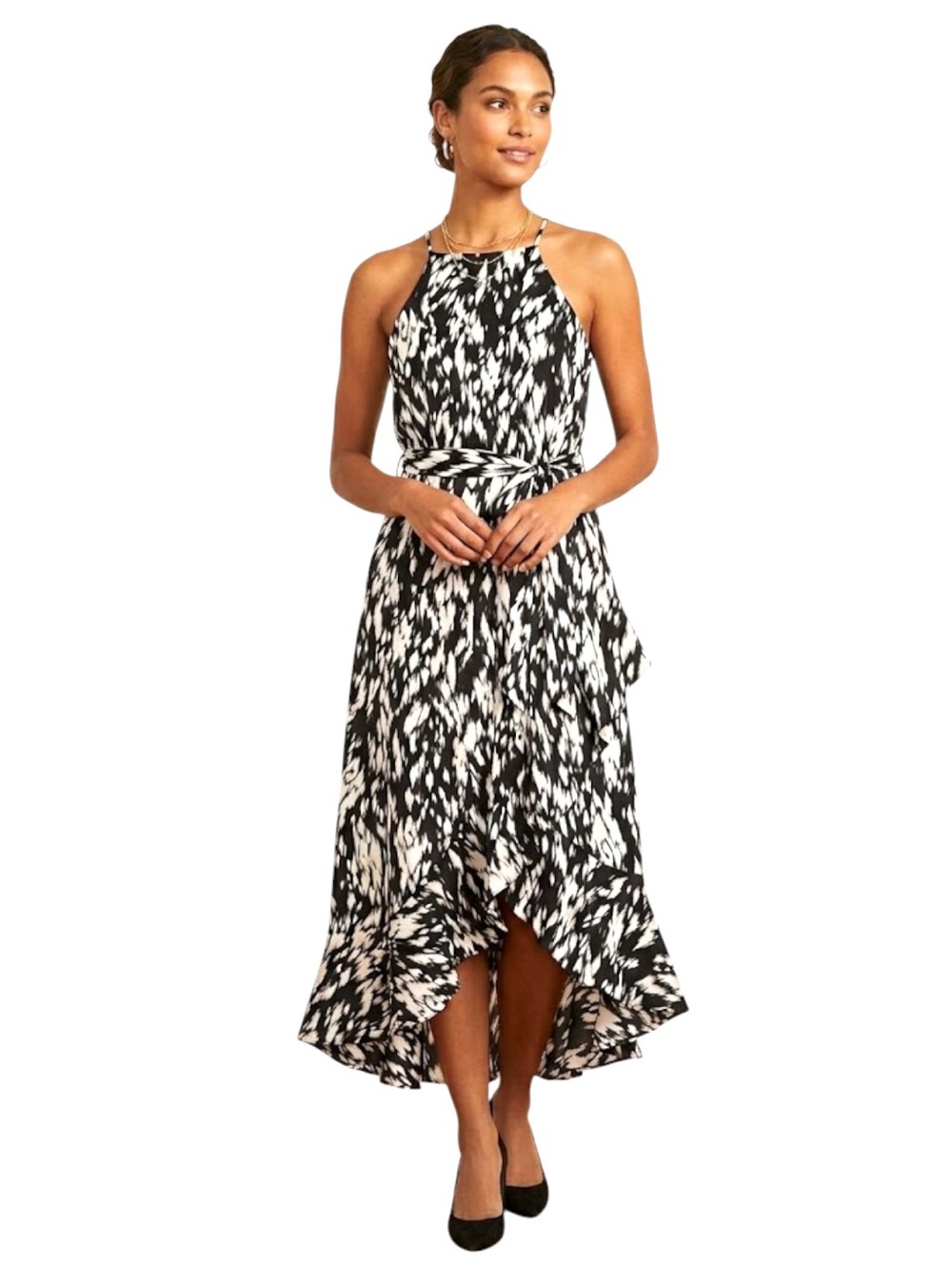 THML Black White Abstract Ikat Halter Midi Dress Ruffle High Low Size Medium